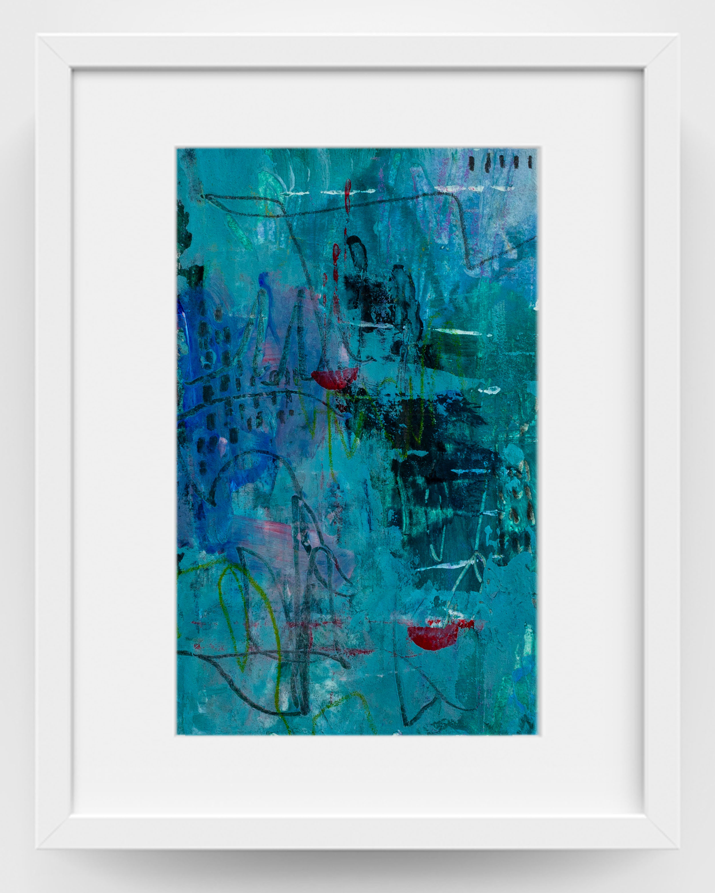 Blue abstract artwork titled Whispers Beneath the Veil by Lisa Marie Jones, featuring layered acrylic brushstrokes in turquoise, teal and deep blue with expressive marks and subtle red accents, presented in a white frame.