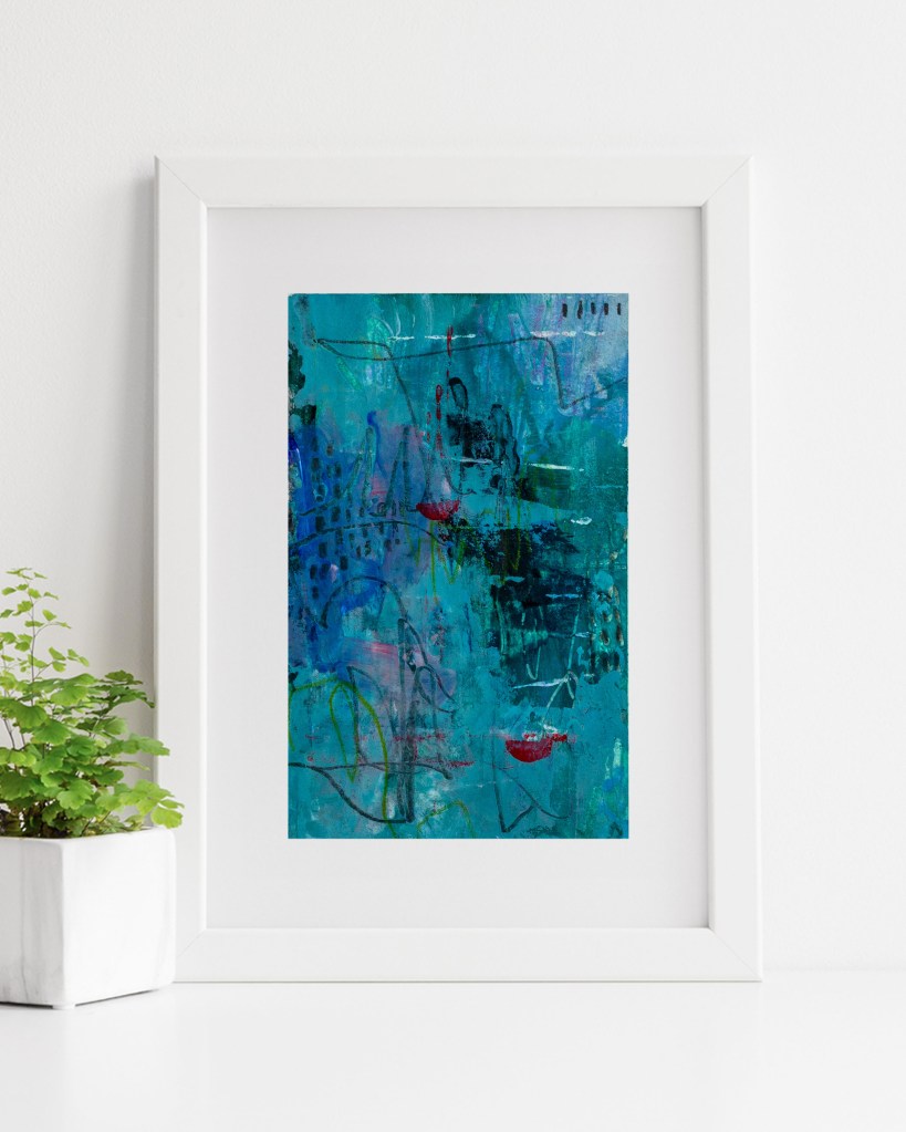 Whispers Beneath the Veil by Lisa Marie Jones displayed in a contemporary interior, a blue abstract painting with layered acrylic texture, gestural line work and tonal depth.
