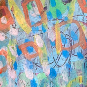 Close-up detail of Betty’s Garden abstract artwork by Lisa Marie Jones, showing expressive brushwork, dots, and organic forms.