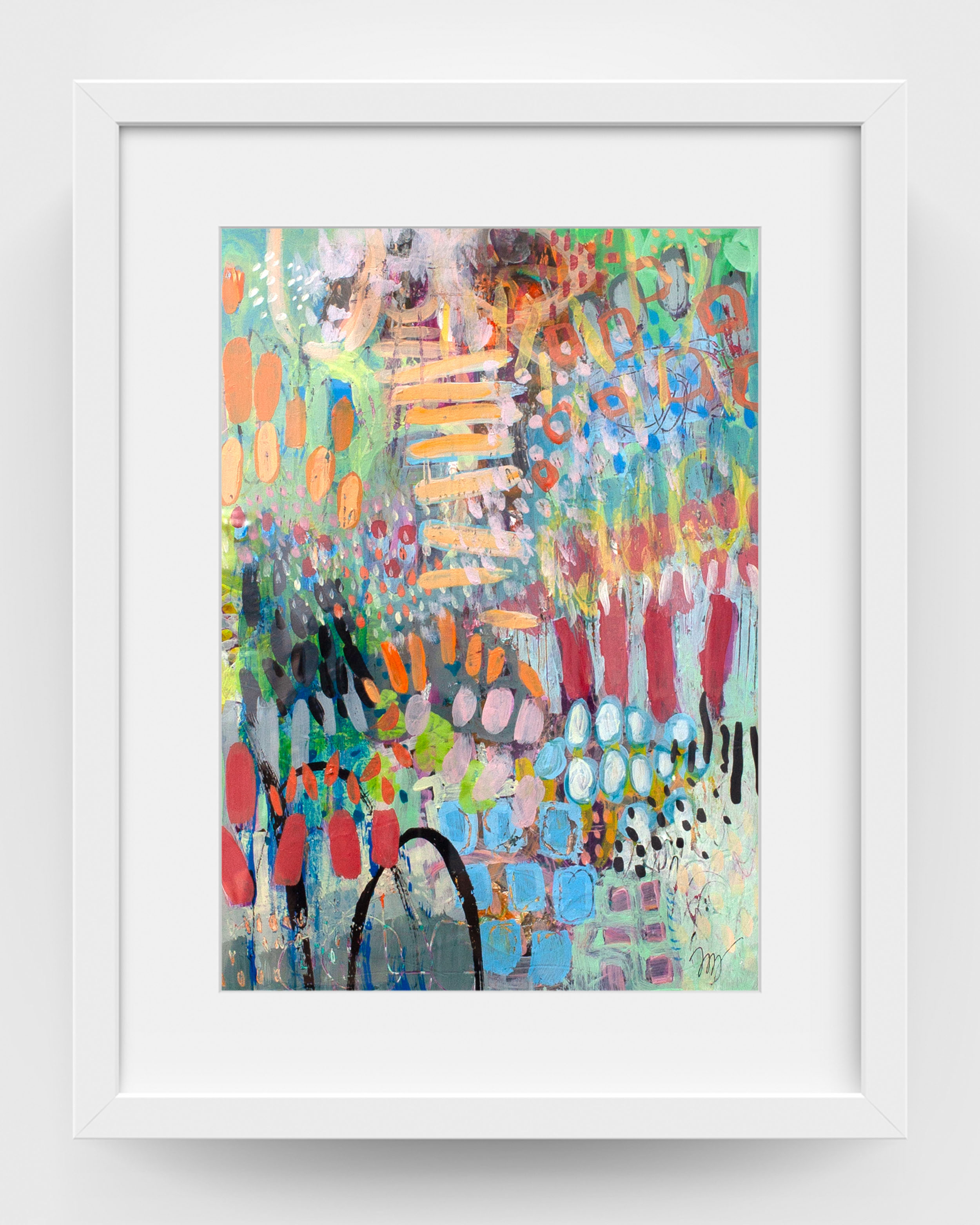 Framed abstract artwork Betty’s Garden by Lisa Marie Jones, showing expressive colour, intuitive pattern, and a lively garden-like rhythm.