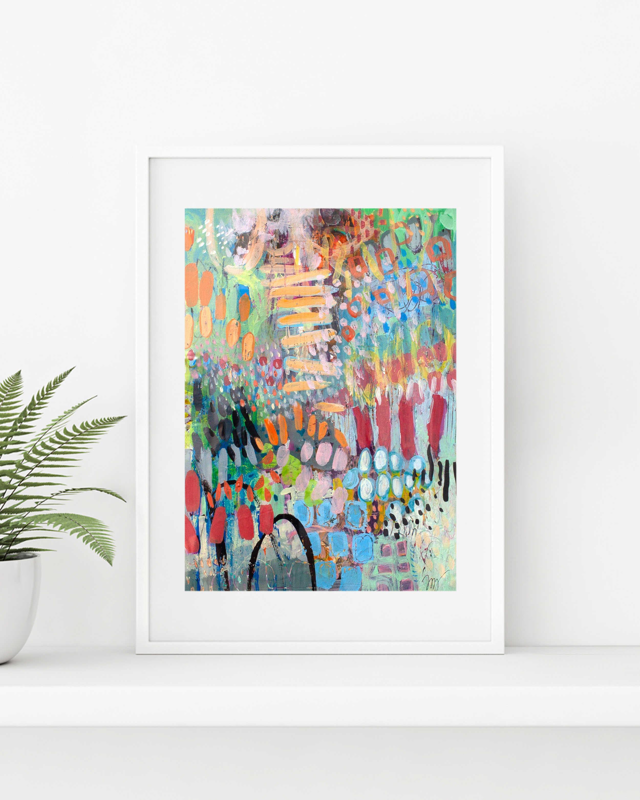 In-situ view of Betty’s Garden, an abstract artwork by Lisa Marie Jones, displayed in a light interior setting with natural greenery.