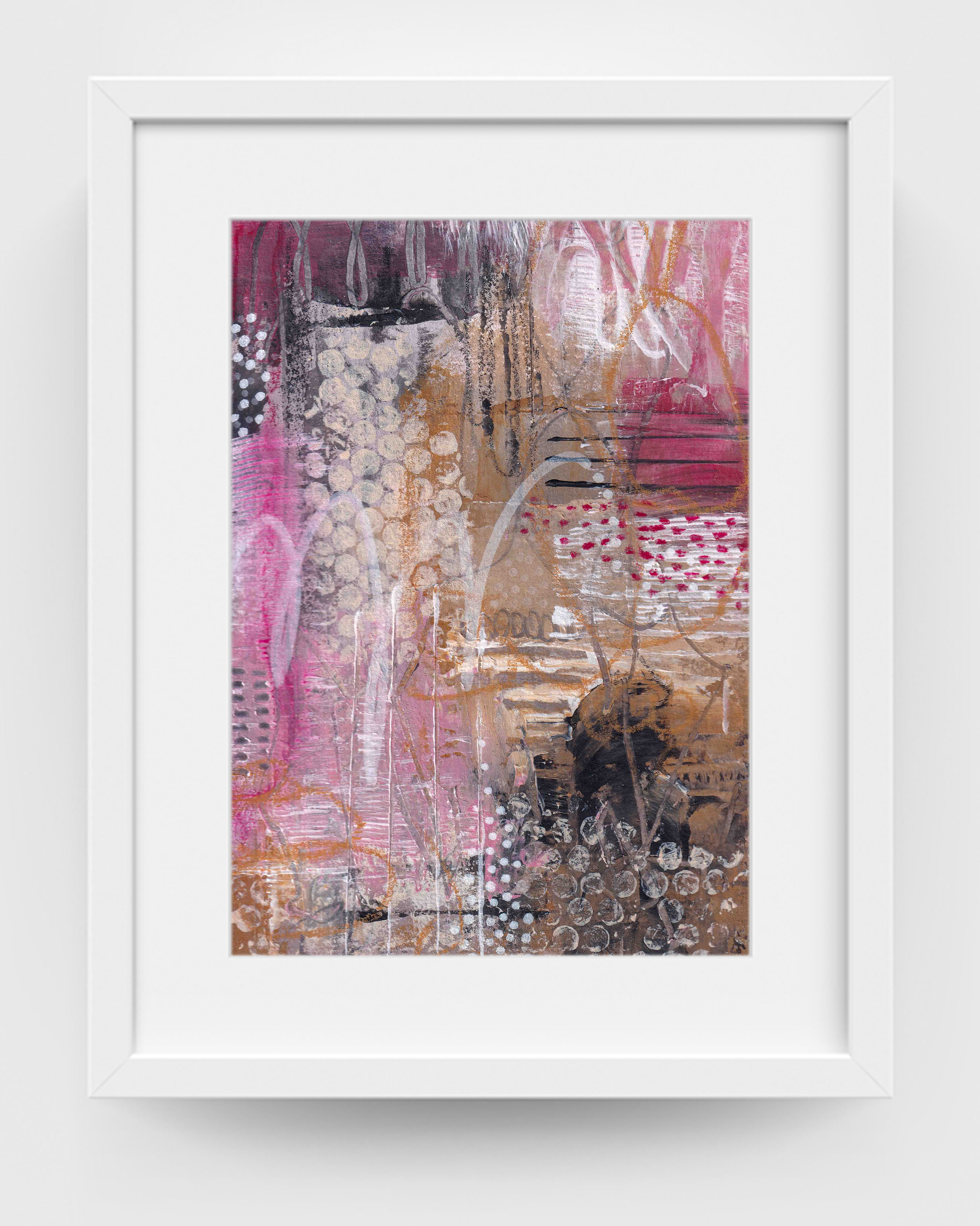 Framed abstract artwork I See You Too by Lisa Marie Jones shown in a minimal interior, highlighting layered textures, gentle marks and a sense of shared awareness.