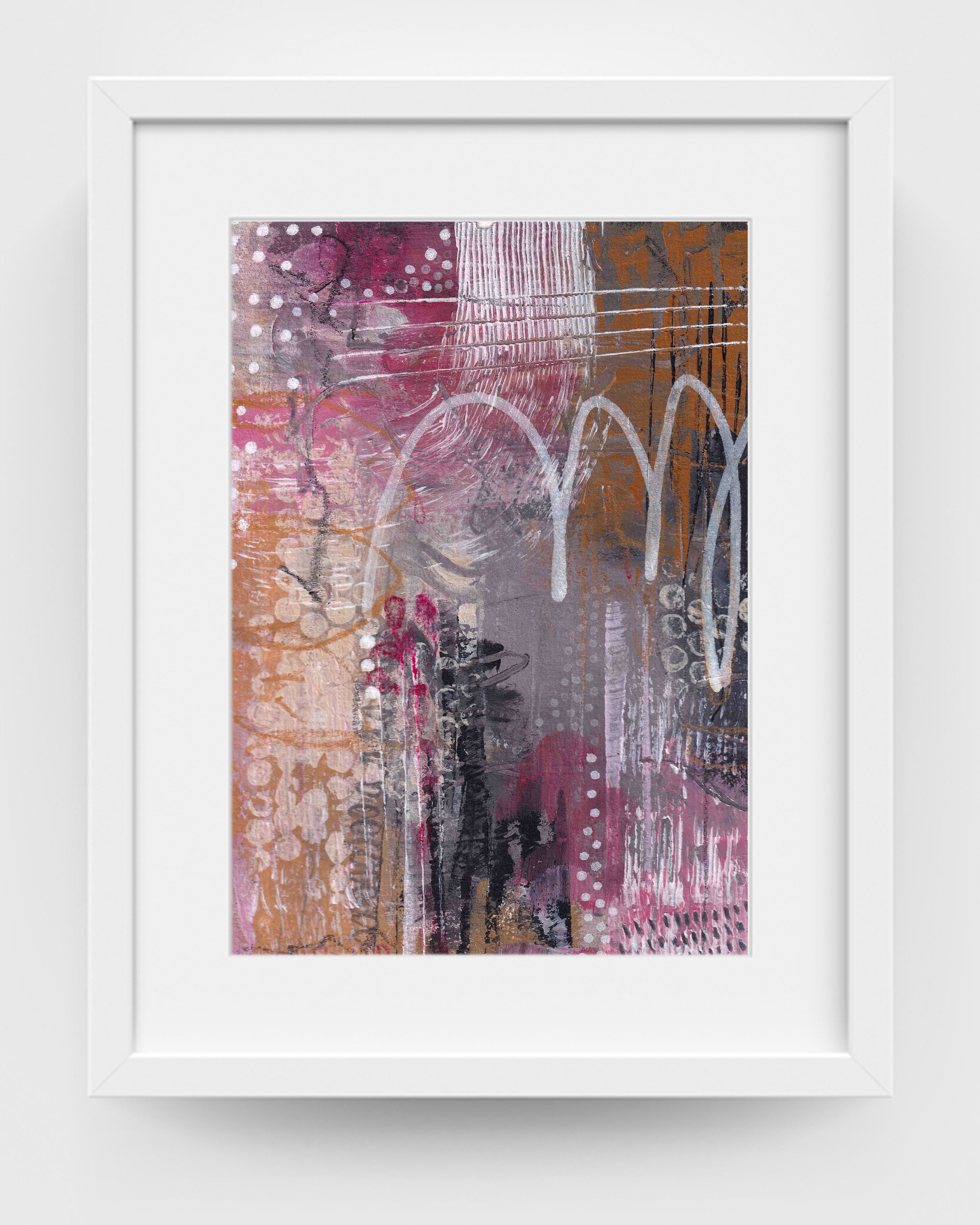In Good Company by Lisa Marie Jones shown framed on a white wall, a contemporary abstract artwork with warm pink tones, textured layers and gentle linear movement.