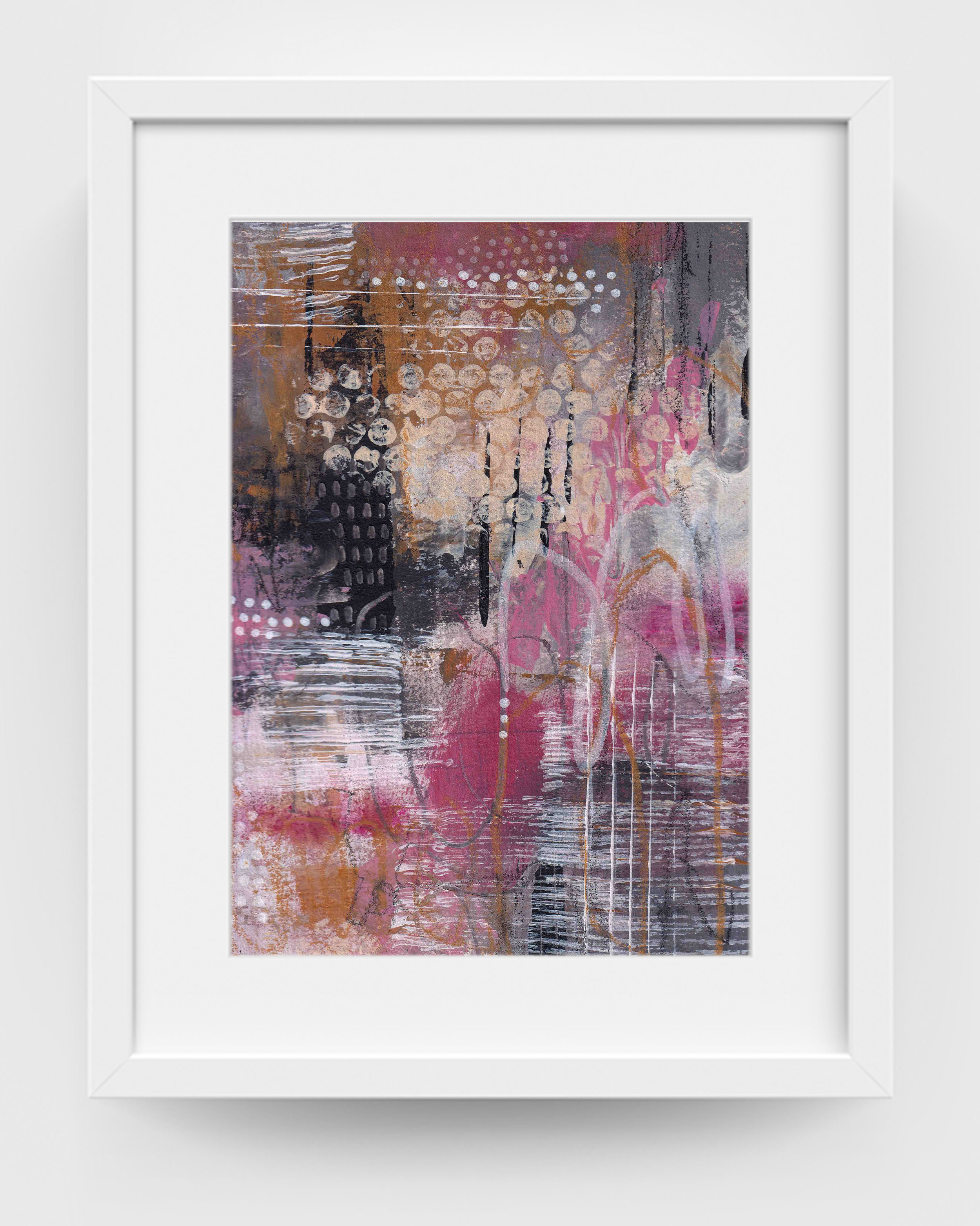 Framed abstract artwork Near Enough to Feel by Lisa Marie Jones displayed in a light-filled interior, showing layered textures, soft pinks, earthy tones, and expressive mark-making.