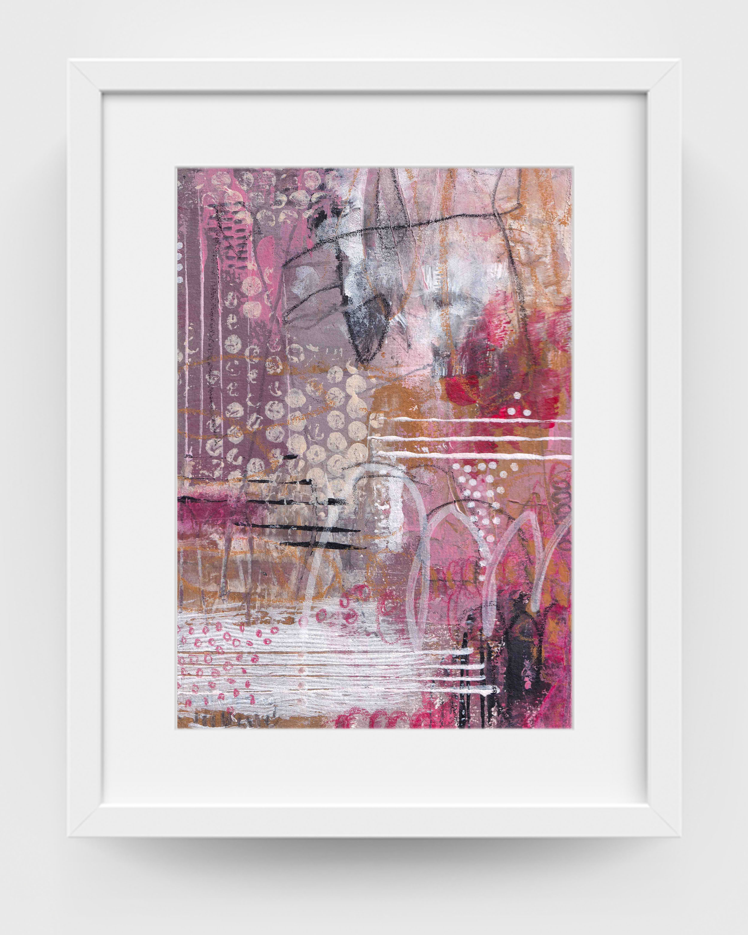 Framed view of The One Who Waits by Lisa Marie Jones, a contemporary abstract artwork with soft pinks, neutrals and layered textures.