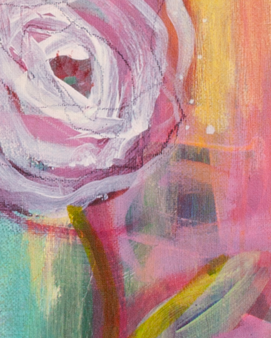 Close-up detail of Wild Petal Promise abstract floral artwork by Lisa Marie Jones, featuring soft pink rose forms layered over warm yellow and aqua brushstrokes.