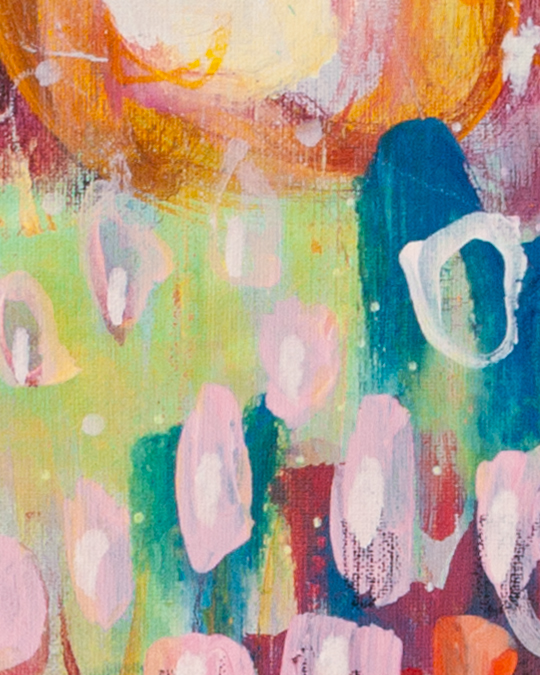 Textured detail of Wild Petal Promise abstract painting by Lisa Marie Jones, showing delicate petal marks, organic dots, and flowing pastel colour layers.