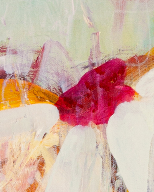 Abstract floral detail from Wild Petal Promise by Lisa Marie Jones, highlighting expressive white and crimson brushwork with luminous background tones.