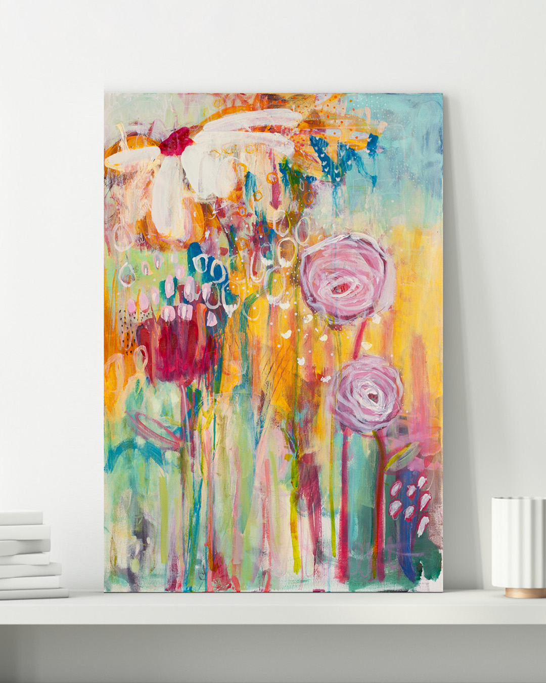 Wild Petal Promise abstract floral artwork by Lisa Marie Jones displayed in a minimalist interior, showcasing its vibrant colours and joyful presence.