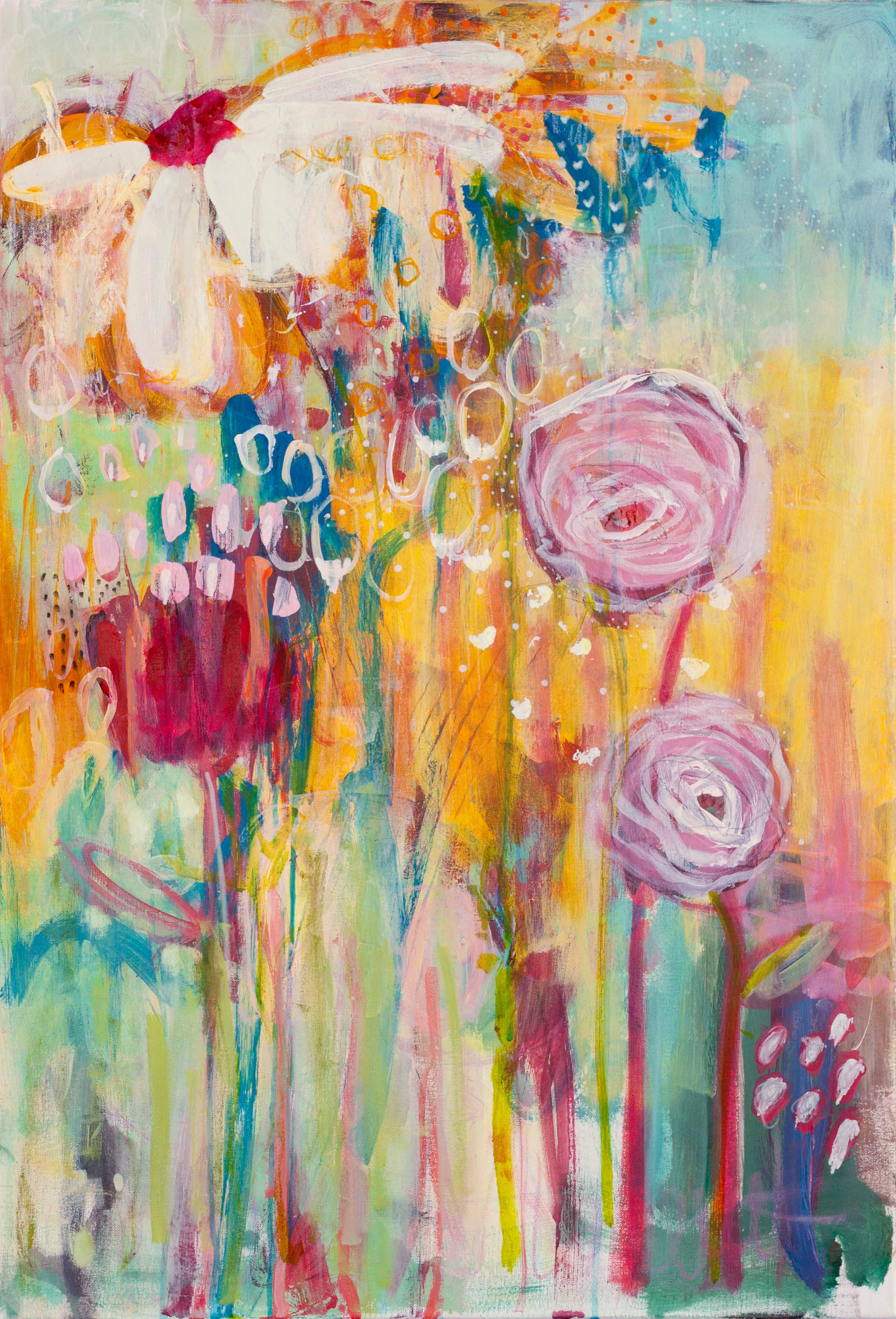 Wild Petal Promise original abstract floral painting by Australian artist Lisa Marie Jones, acrylic on canvas, expressing beauty, renewal, and emotional warmth.