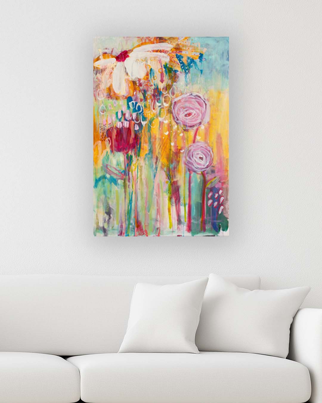 Wild Petal Promise abstract floral artwork by Lisa Marie Jones styled in a contemporary living space, adding colour, softness, and uplifting energy.
